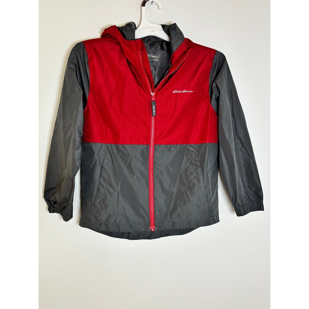 Eddie Bauer Kids Red Grey Colorblock Hooded Windbreaker Jacket Size S 7/8